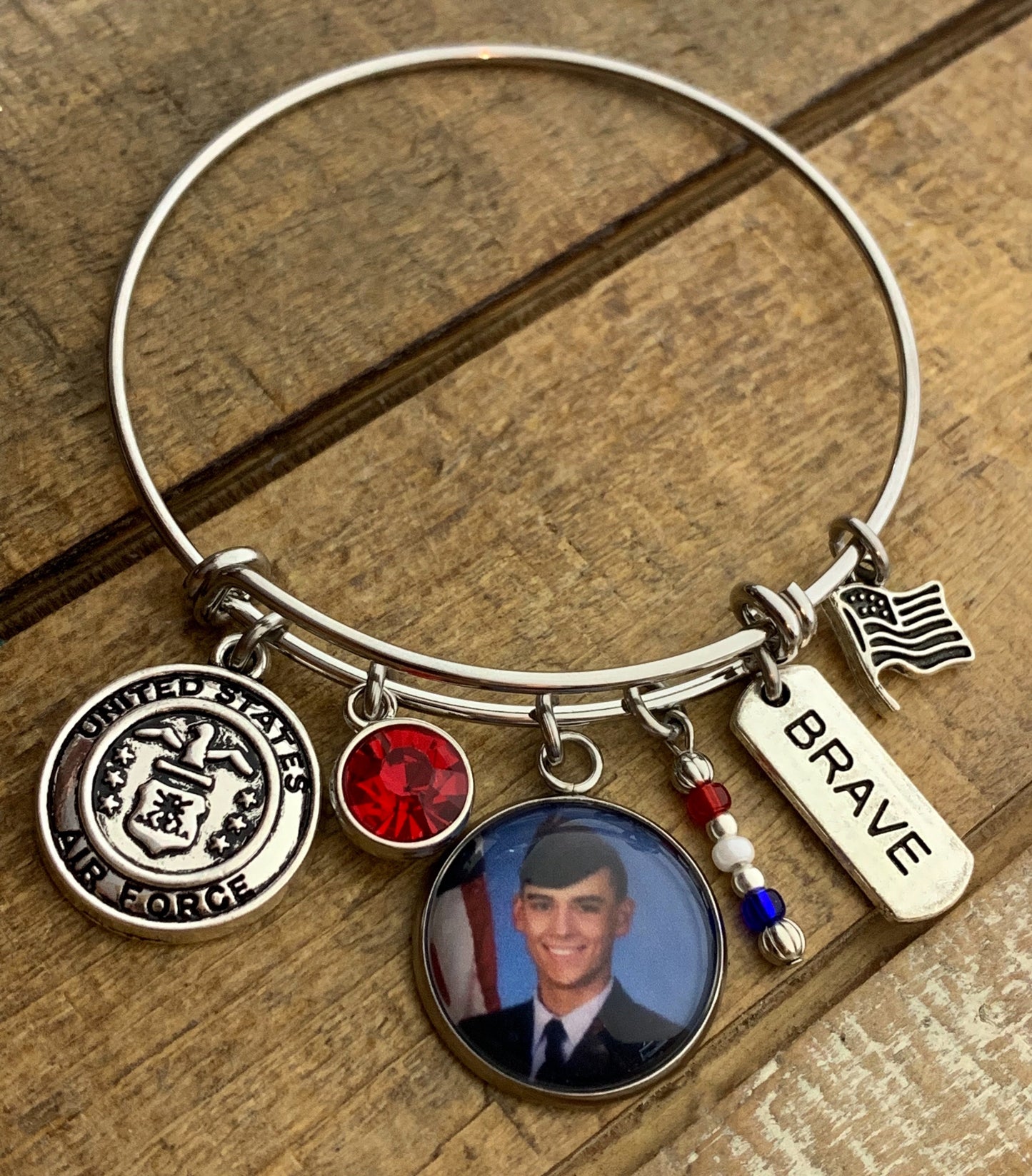 Joe Custom Order- Military Bracelet with Photo, and 2 added custom charms