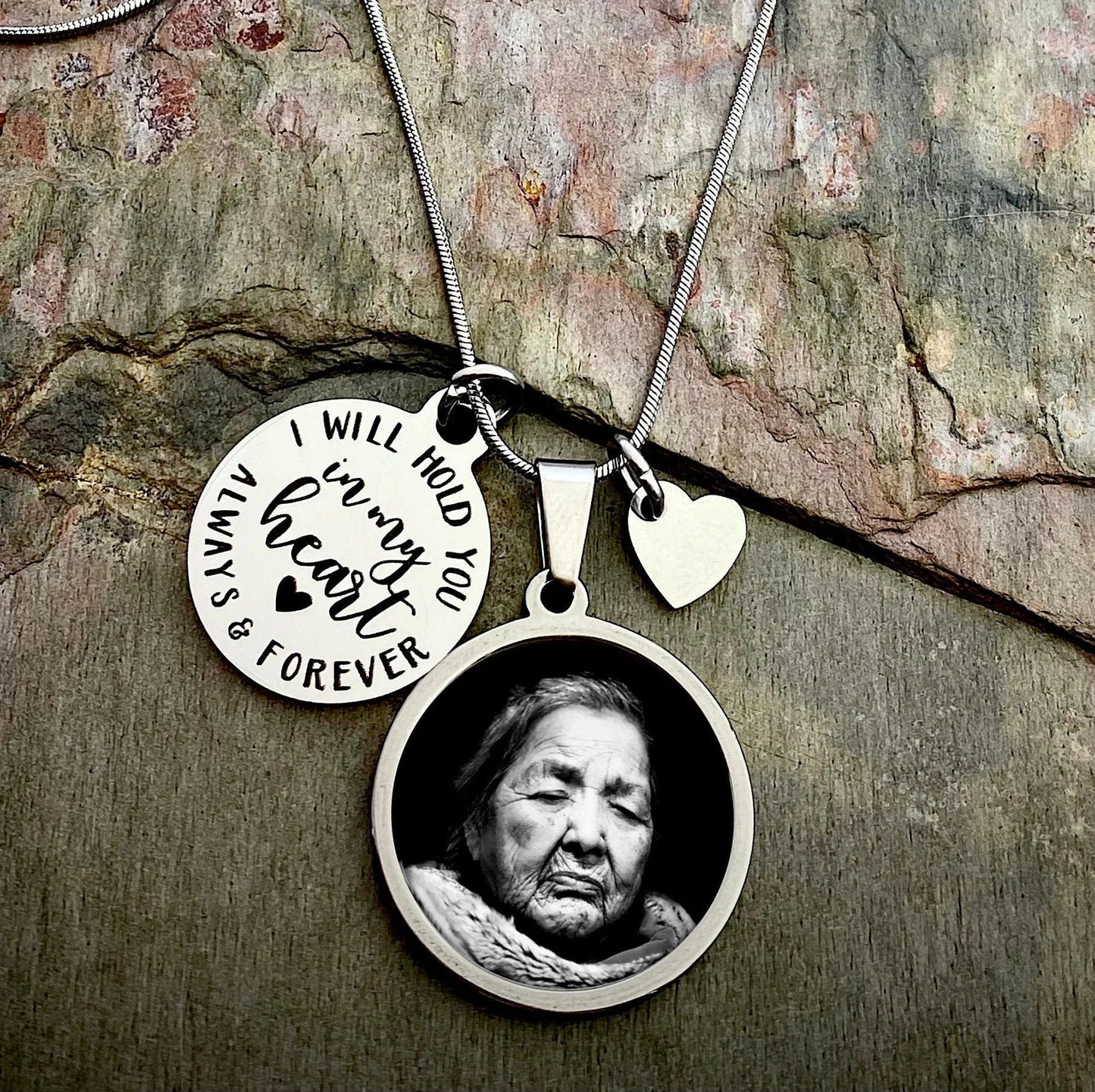 Memory Photo Necklace- I will hold you in my heart always and forever