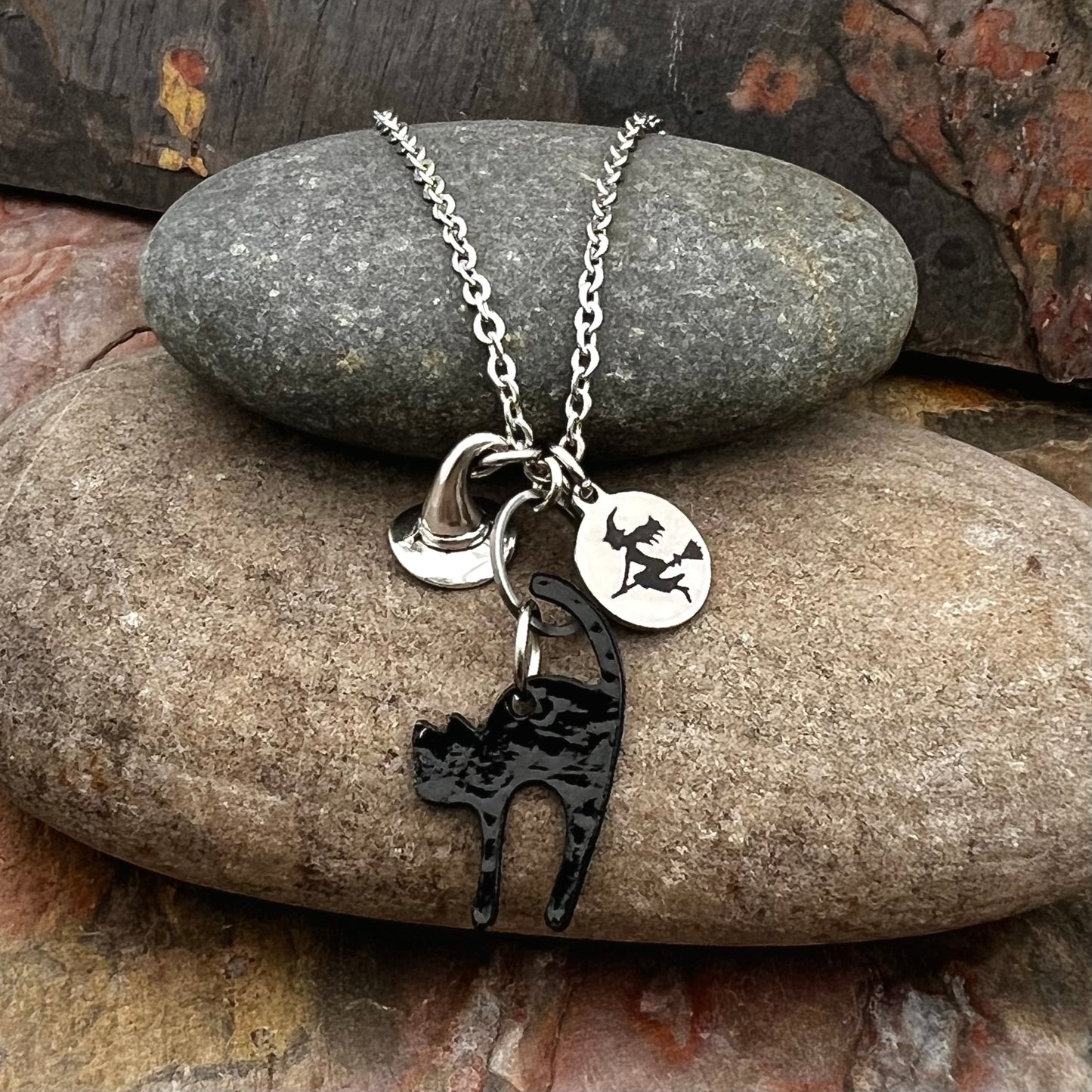 Halloween Witch Black Cat Charm Handmade Necklace