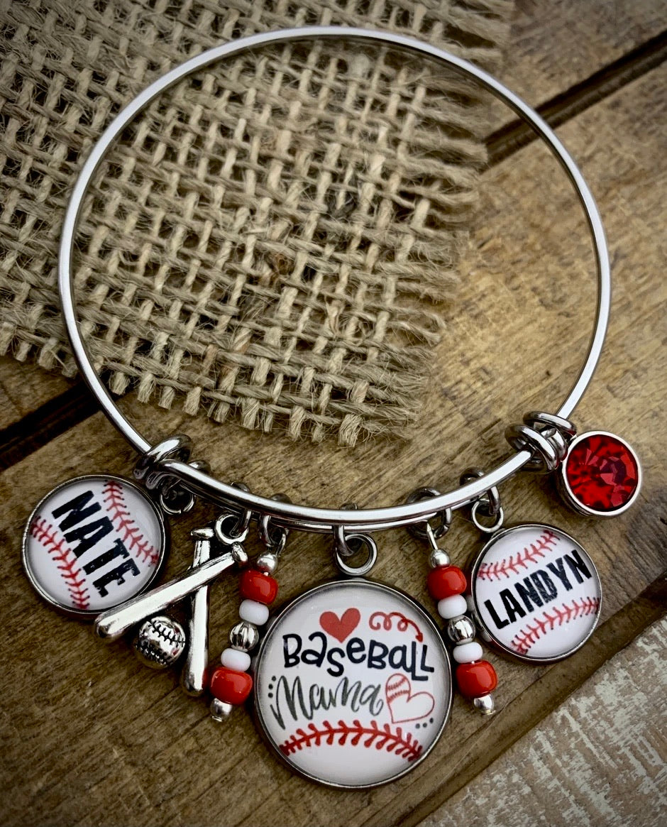 Baseball Mama Custom Bangle Bracelet- 2 names included (or name and number)
