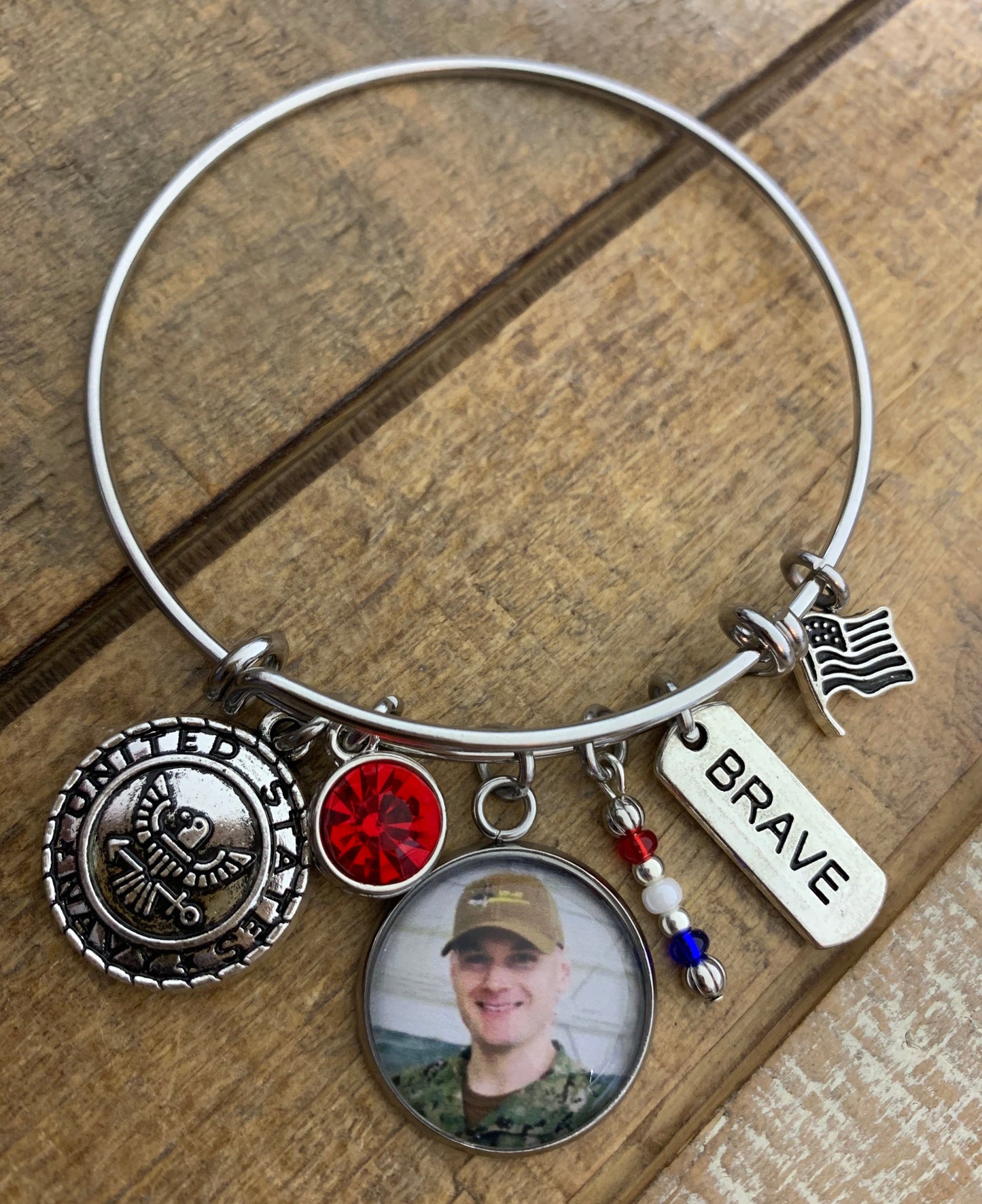 Joe Custom Order- Military Bracelet with Photo, and 2 added custom charms