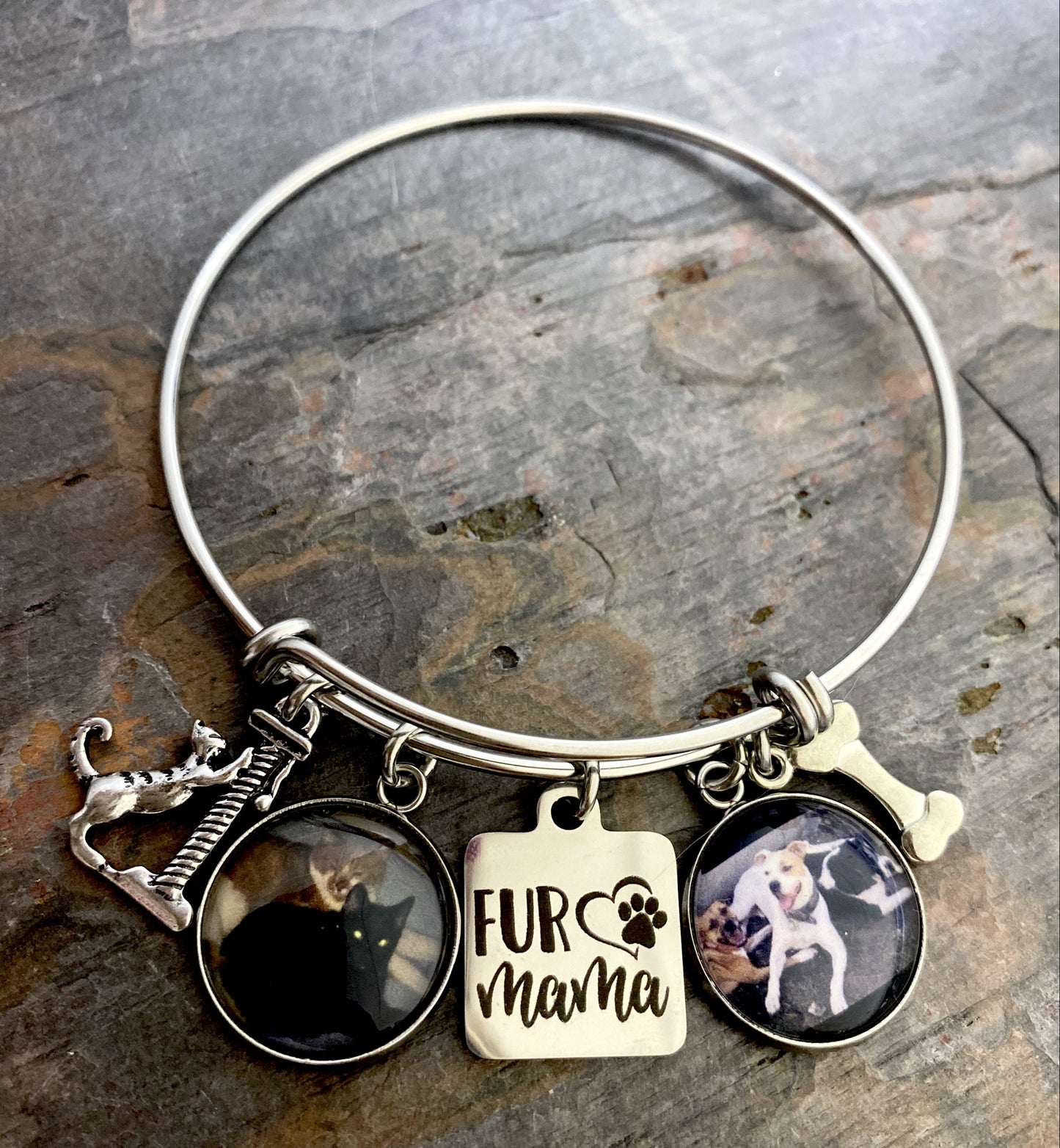 Fur Mama Bracelet- Dog or Cat Theme with two photos (or photo and pet name)