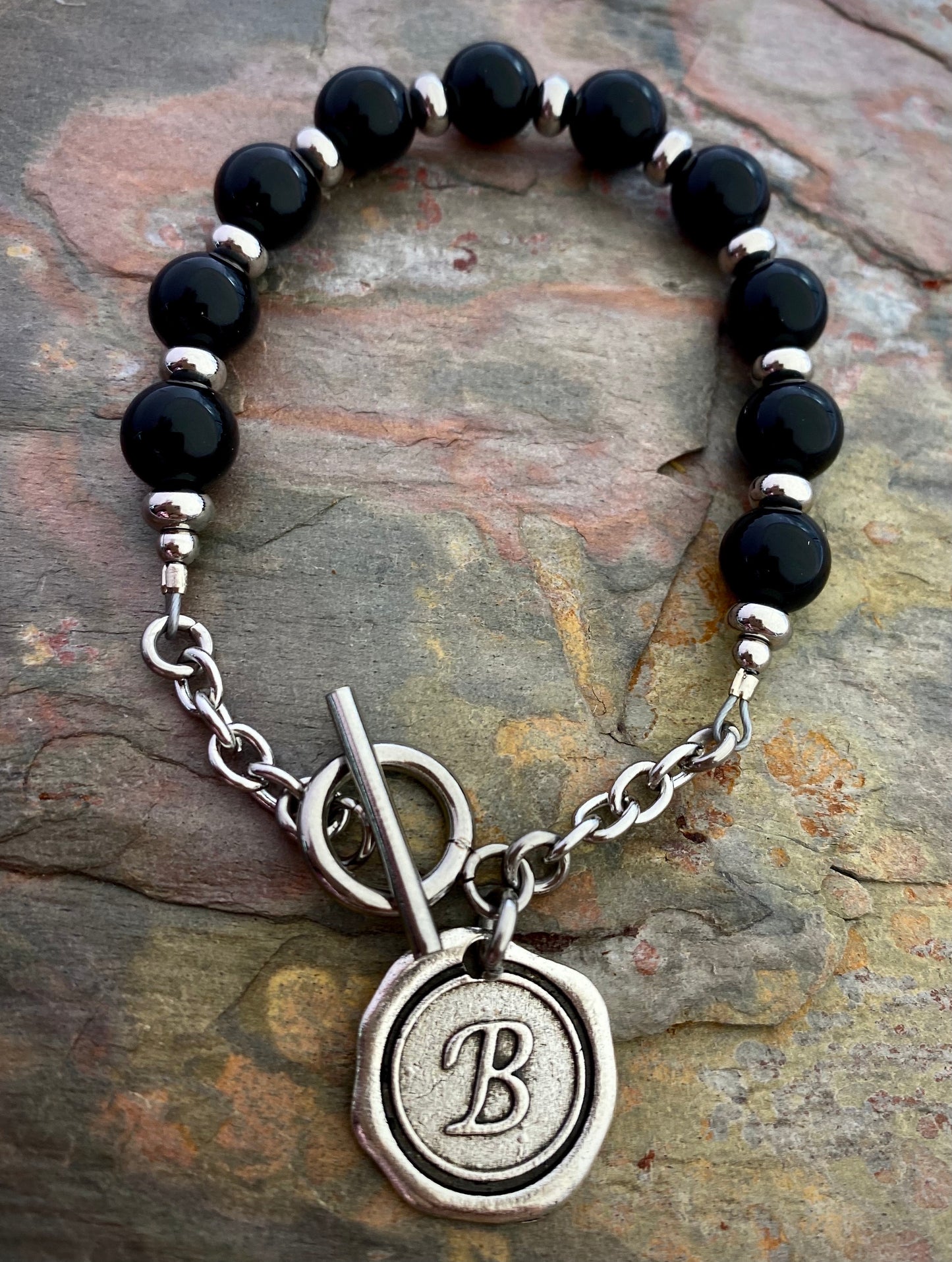 Beaded Stone Bracelet with letter charm (choice of stone and letter or option for photo)