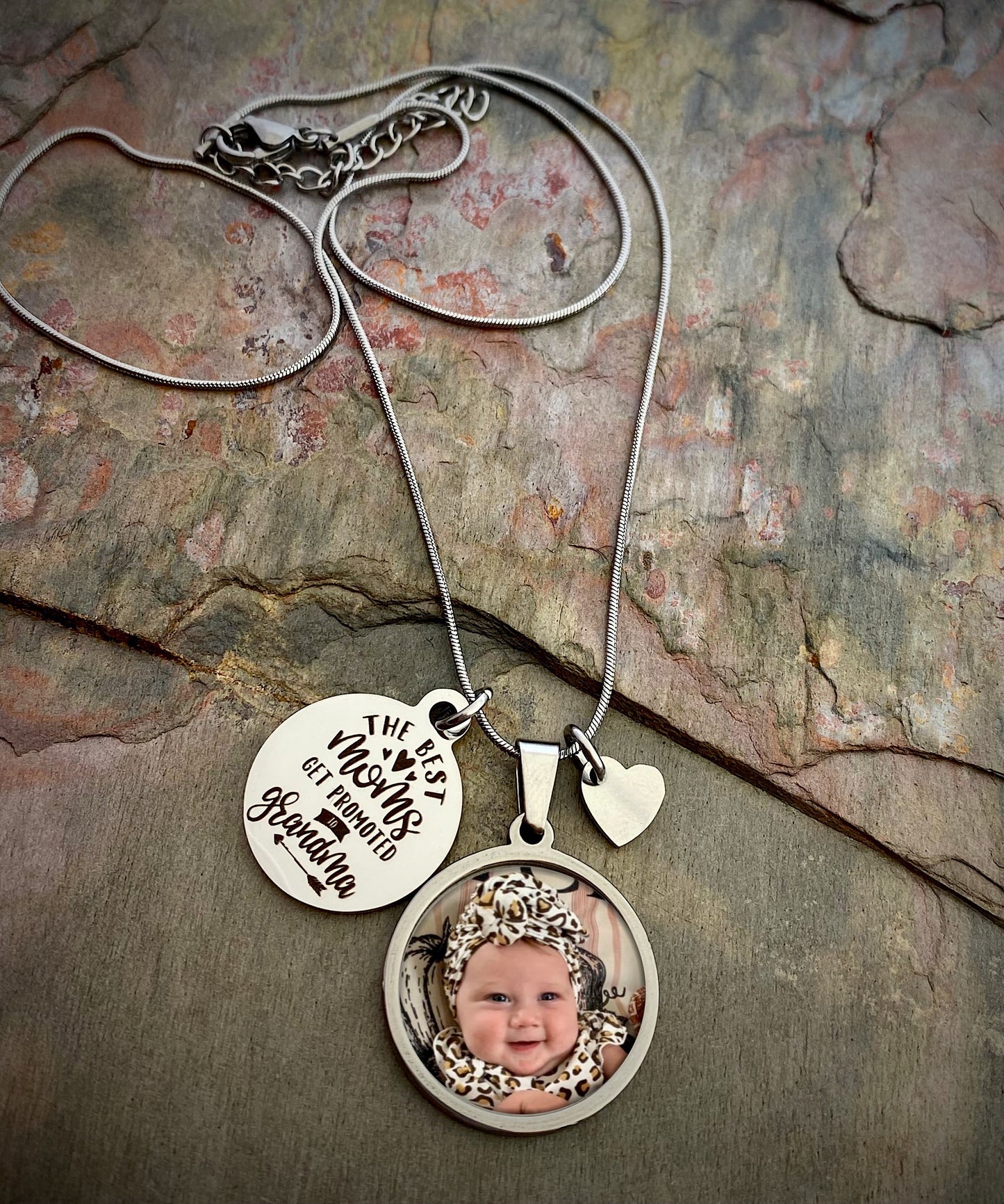 Grandma Mimi Mamaw Photo Necklace- The best Moms get promoted to Grandma