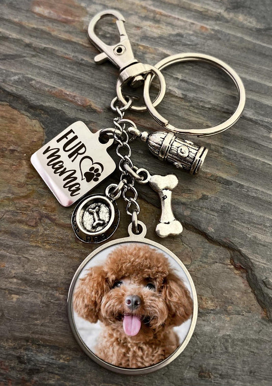 Pet Photo Keychain with Fur Mama Charm - Stainless Steel Pendants - Pet Lover Gift