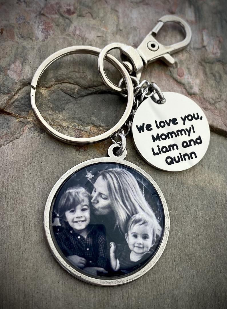 Photo Keychain with Custom Saying Charm- Stainless Steel