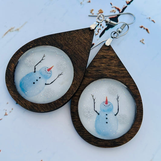 Whimsical Snowman Peekaboo Earrings - Wooden Earrings