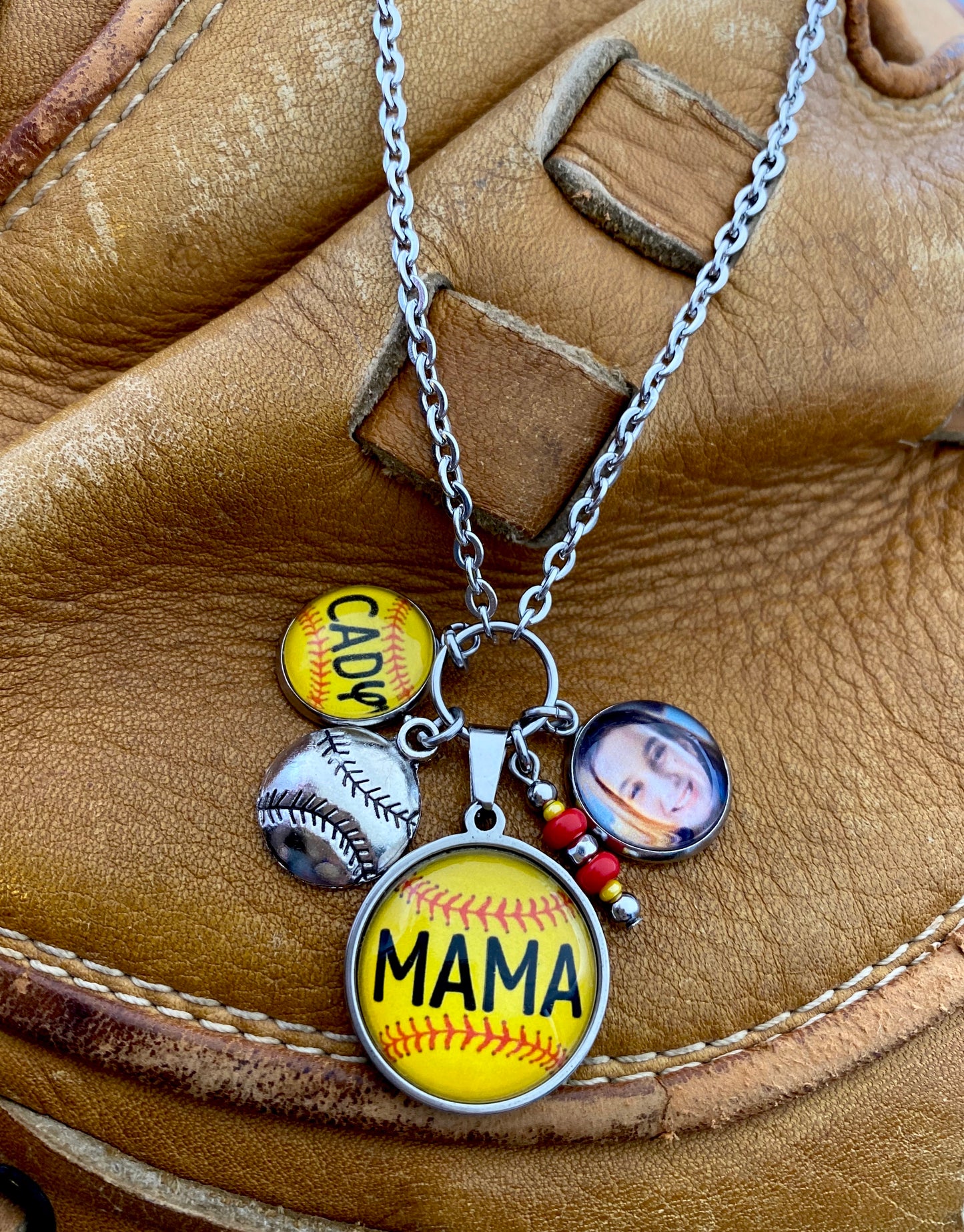 Softball Mama Necklace- Includes 2 custom charms (name, number, logo, or photo)