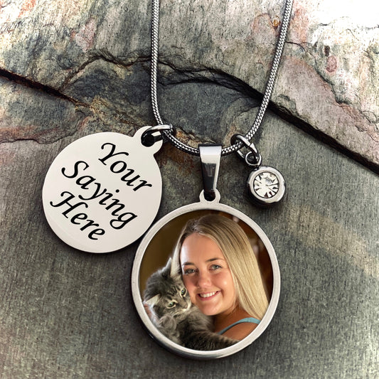 Custom Photo Stainless Necklace Gift - Your own saying and photo with mini rhinestone
