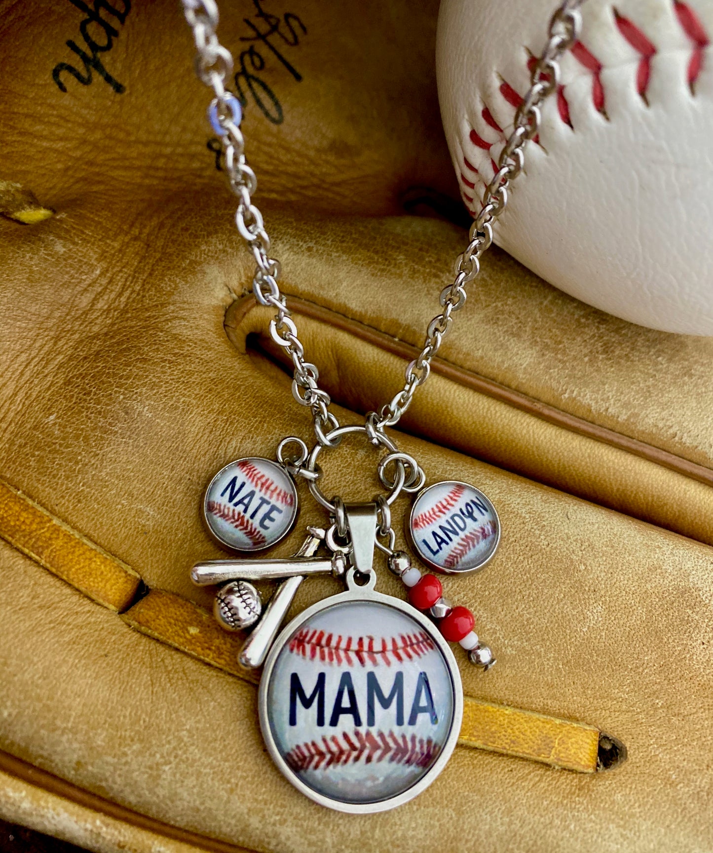Baseball Mama Necklace- Includes 2 custom charms (name, number, or photo)