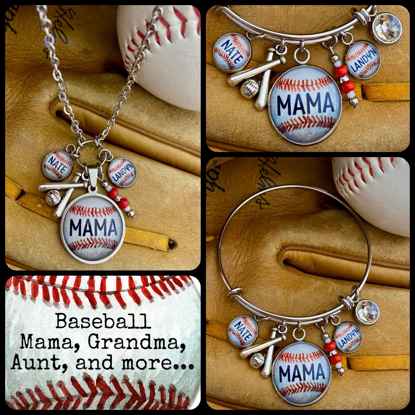 Baseball Mama Bracelet- Includes 2 custom charms (name, number, or photo)