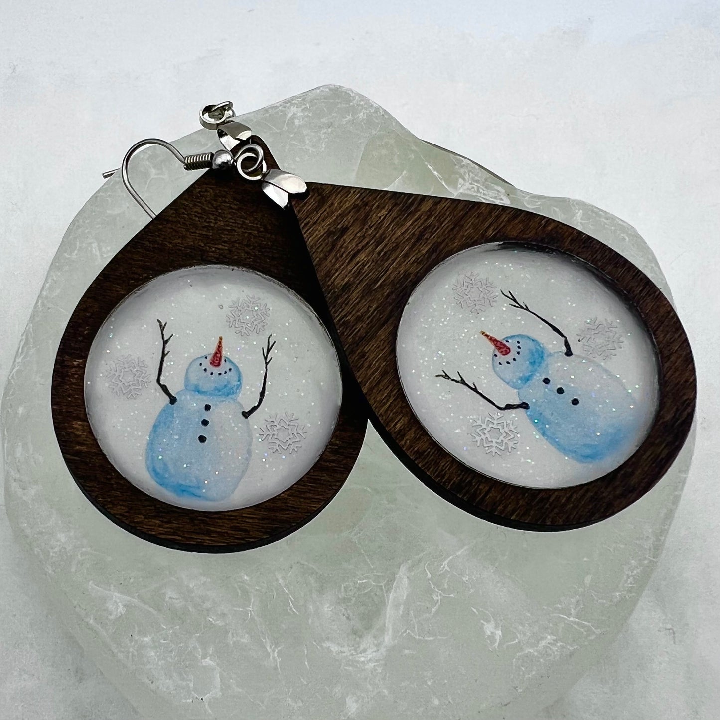 Whimsical Snowman Peekaboo Earrings - Wooden Earrings