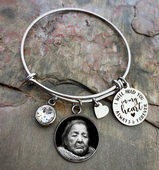 Memory Bracelet with Photo- I will hold you in my heart always and forever