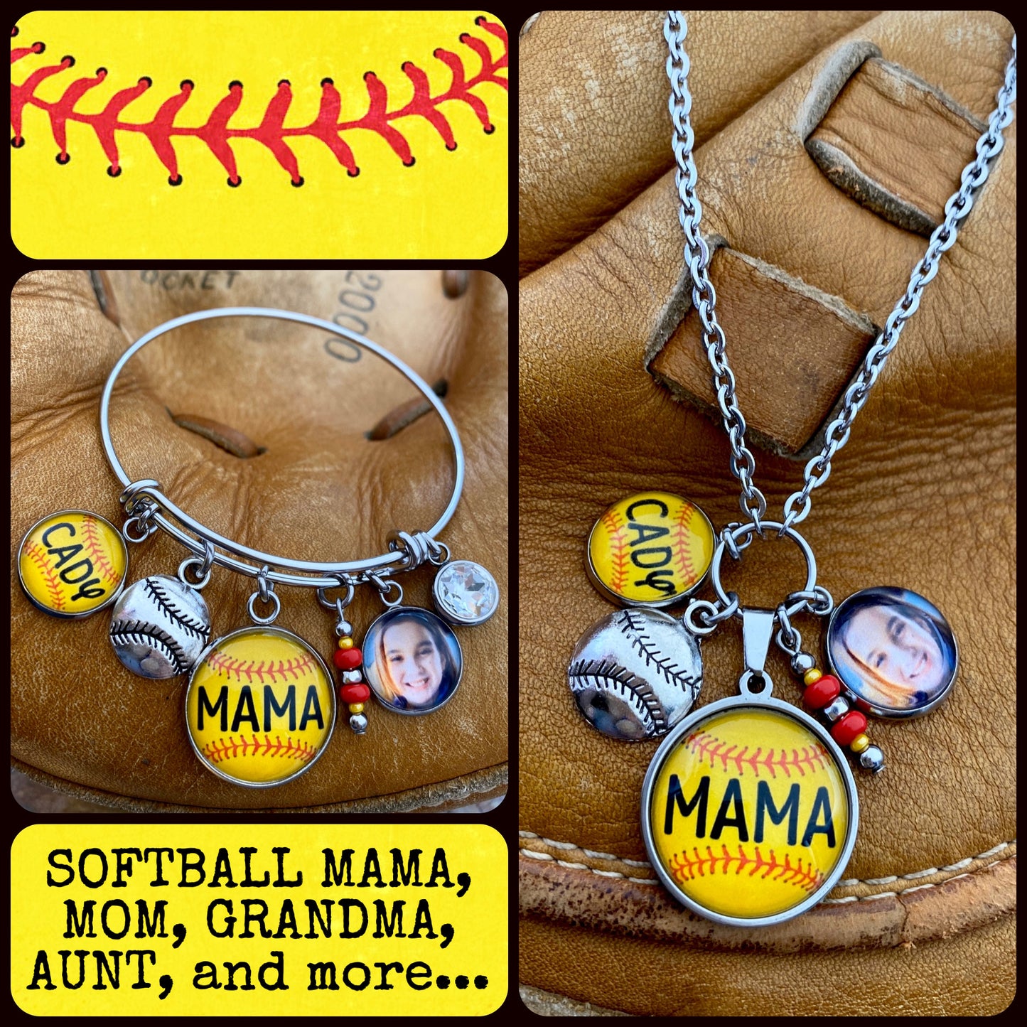 Softball Mama Bracelet- Includes 2 custom charms (name, number, logo, or photo)