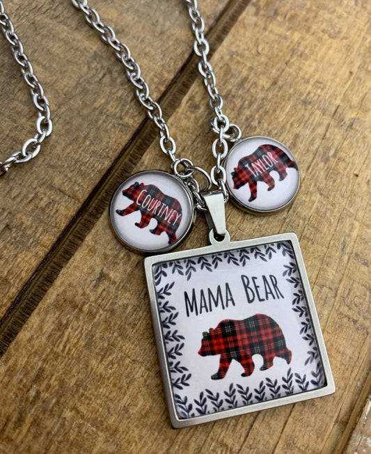 Mama Bear Necklace- Square (includes one name)