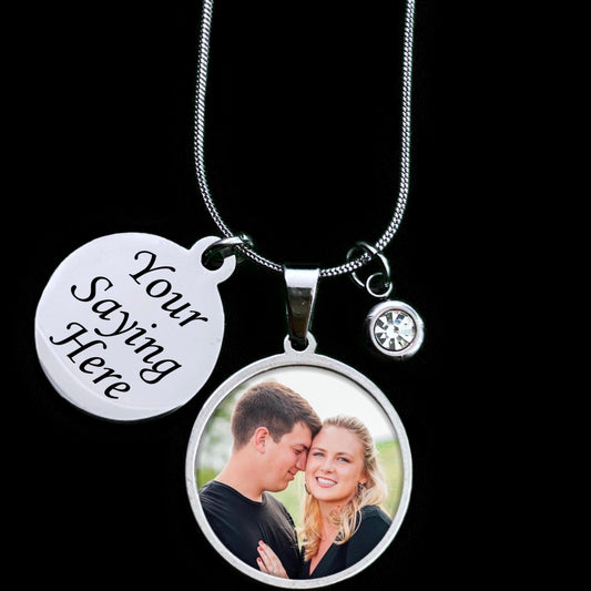Custom Photo Stainless Necklace Gift - Your own saying and photo with mini rhinestone