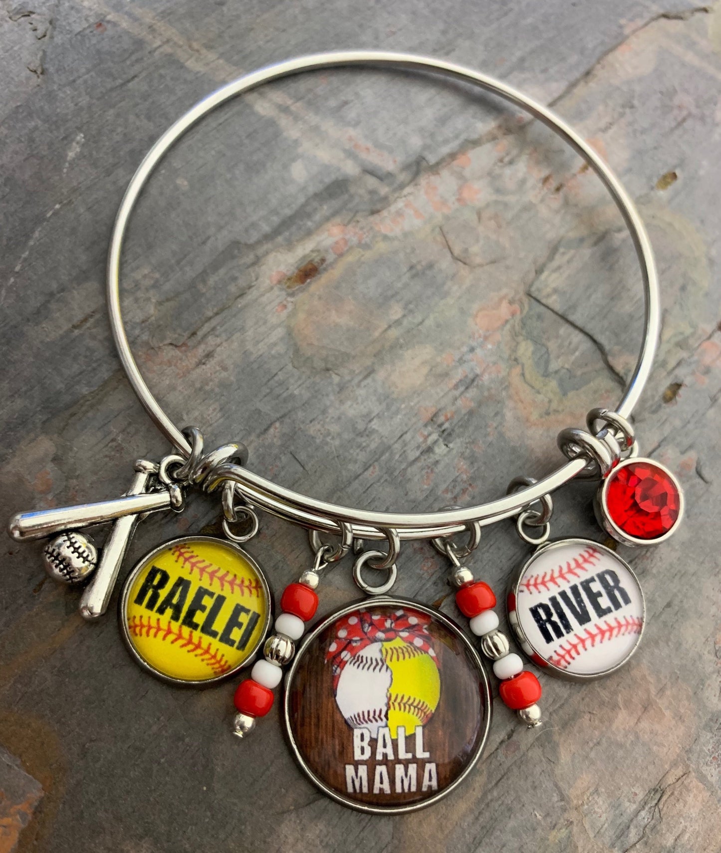 Baseball/Softball Mama Custom Bangle Bracelet- 2 names included (options for more)